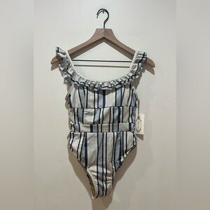 NWT Mia Joy Evie Blue and Beige Striped One Piece Swimsuit - Women’s Size Small